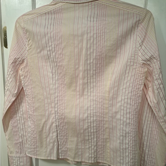 White buttoned down top with thin pink and yellow pinstripes - Picture 2 of 2